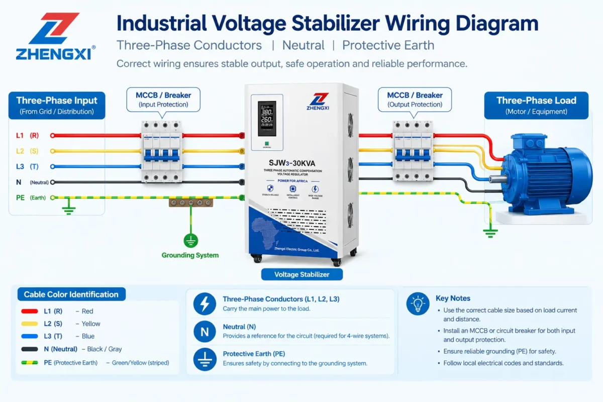 Industrial voltage stabilizer wiring diagram identifying three-phase conductors neutral and protective earth connections